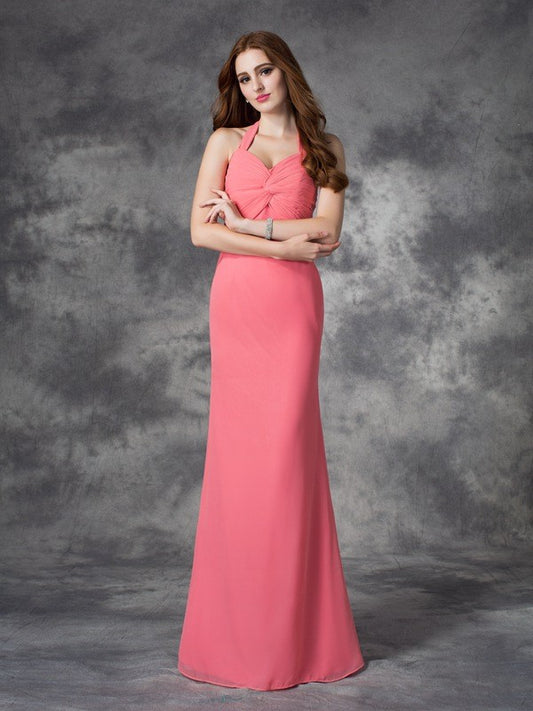 Sheath/Column Halter Ruched Sleeveless Long Chiffon Bridesmaid Dresses Formal Evening Dress