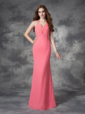 Sheath/Column Halter Ruched Sleeveless Long Chiffon Bridesmaid Dresses Formal Evening Dress