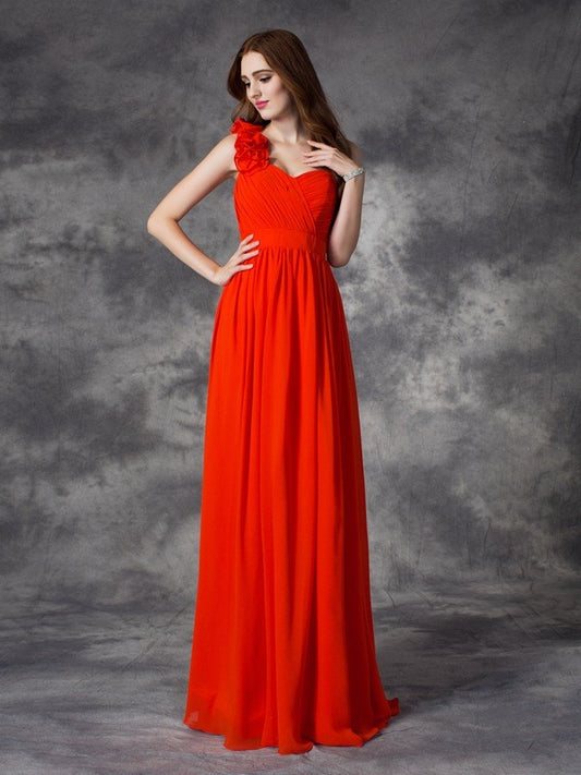 A-line/Princess One-Shoulder Hand-Made Flower Sleeveless Long Chiffon Bridesmaid Dresses Formal Evening Dress
