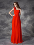 A-line/Princess One-Shoulder Hand-Made Flower Sleeveless Long Chiffon Bridesmaid Dresses Formal Evening Dress