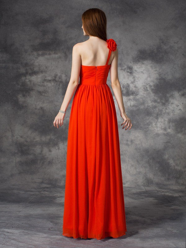 A-line/Princess One-Shoulder Hand-Made Flower Sleeveless Long Chiffon Bridesmaid Dresses Formal Evening Dress