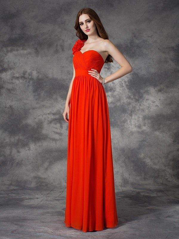 A-line/Princess One-Shoulder Hand-Made Flower Sleeveless Long Chiffon Bridesmaid Dresses Formal Evening Dress