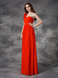 A-line/Princess One-Shoulder Hand-Made Flower Sleeveless Long Chiffon Bridesmaid Dresses Formal Evening Dress