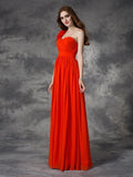 A-line/Princess One-Shoulder Hand-Made Flower Sleeveless Long Chiffon Bridesmaid Dresses Formal Evening Dress