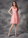 A-Linie/Princess-Linie One-Shoulder-Träger Handgemachte Blume Ärmellos Kurz Chiffon Brautjungfernkleider Homecoming-Kleid