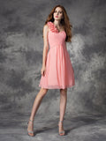 A-Linie/Princess-Linie One-Shoulder-Träger Handgemachte Blume Ärmellos Kurz Chiffon Brautjungfernkleider Homecoming-Kleid