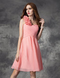 A-Linie/Princess-Linie One-Shoulder-Träger Handgemachte Blume Ärmellos Kurz Chiffon Brautjungfernkleider Homecoming-Kleid