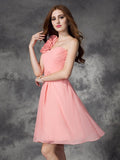 A-Linie/Princess-Linie One-Shoulder-Träger Handgemachte Blume Ärmellos Kurz Chiffon Brautjungfernkleider Homecoming-Kleid