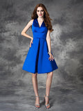 A-line/Princess V-neck Ruched Sleeveless Short Satin Bridesmaid Dresses Homecoming Dress Gowns
