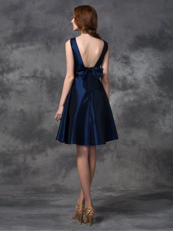 Vestidos de dama de honor cortos de tafetán con corte A/princesa, sin mangas y escote redondo, para cóctel y regreso a casa