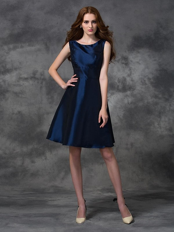Vestidos de dama de honor cortos de tafetán con corte A/princesa, sin mangas y escote redondo, para cóctel y regreso a casa