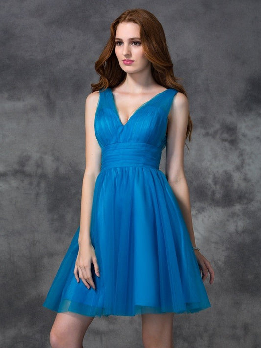 A-line/Princess V-neck Sleeveless Short Satin Junior Bridesmaid Dresses Homecoming Dress