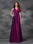 A-line/Princess V-neck Sash/Ribbon/Belt Sleeveless Long Taffeta Bridesmaid Dresses Formal Evening Dress