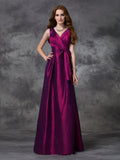 A-line/Princess V-neck Sash/Ribbon/Belt Sleeveless Long Taffeta Bridesmaid Dresses Formal Evening Dress