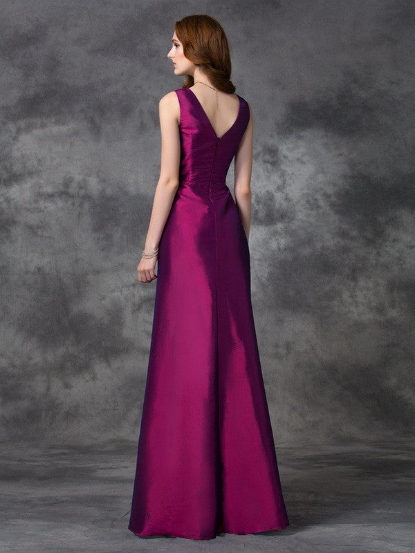 A-line/Princess V-neck Sash/Ribbon/Belt Sleeveless Long Taffeta Bridesmaid Dresses Formal Evening Dress