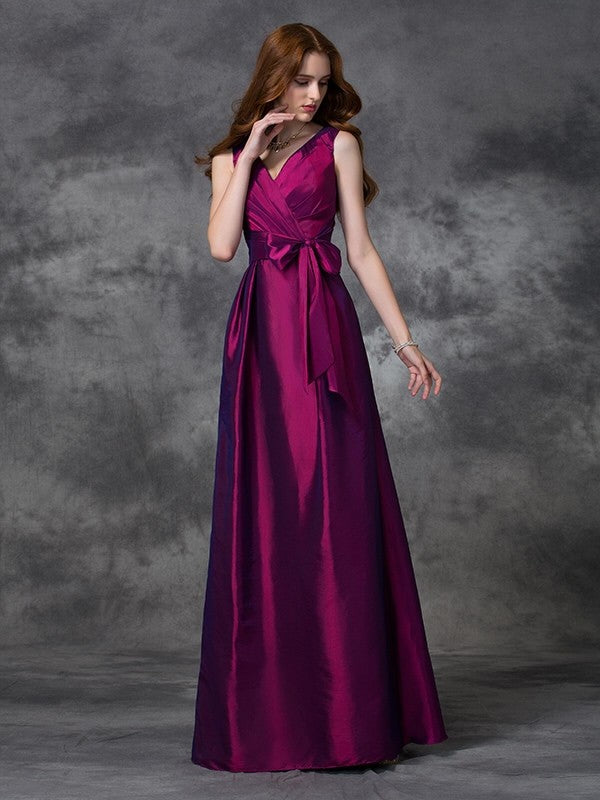 A-line/Princess V-neck Sash/Ribbon/Belt Sleeveless Long Taffeta Bridesmaid Dresses Formal Evening Dress