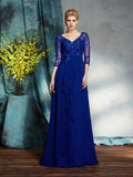 Vestidos largos de gasa para madre de la novia, corte A/princesa, escote en V, lentejuelas, mangas 3/4