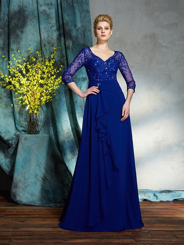 Vestidos largos de gasa para madre de la novia, corte A/princesa, escote en V, lentejuelas, mangas 3/4