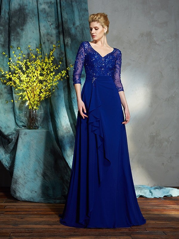 Vestidos largos de gasa para madre de la novia, corte A/princesa, escote en V, lentejuelas, mangas 3/4