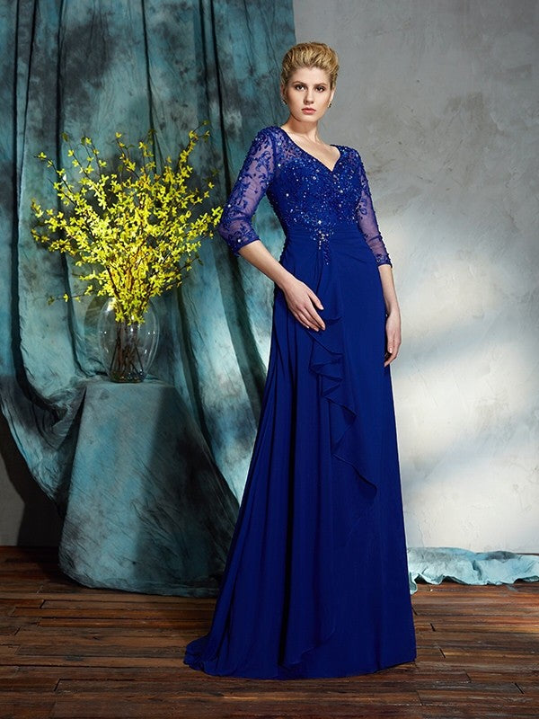 Vestidos largos de gasa para madre de la novia, corte A/princesa, escote en V, lentejuelas, mangas 3/4