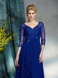 Vestidos largos de gasa para madre de la novia, corte A/princesa, escote en V, lentejuelas, mangas 3/4