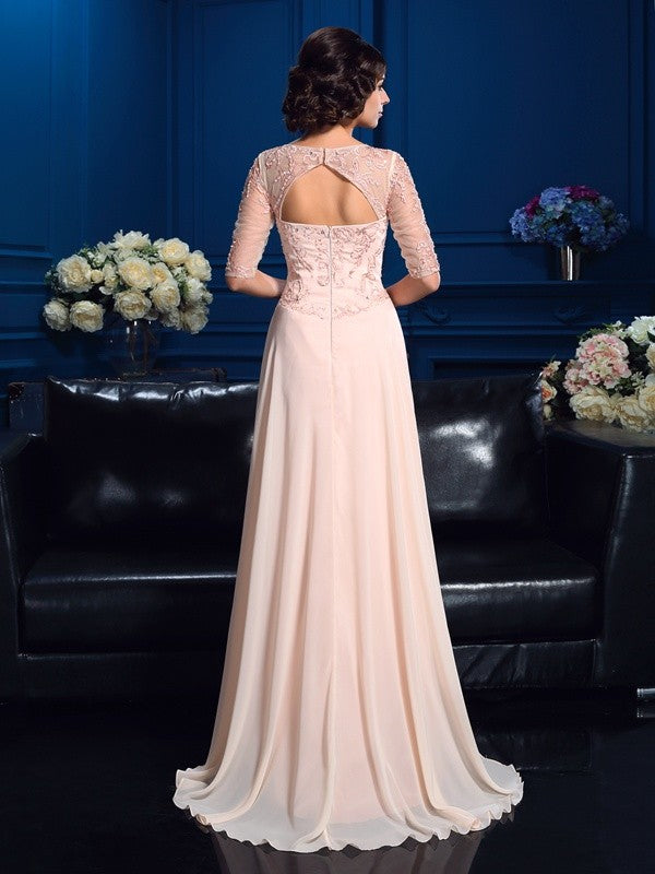 A-Line/Princess V-neck Beading 1/2 Sleeves Long Chiffon Mother of the Bride Dresses