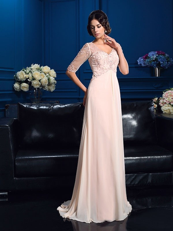 A-Line/Princess V-neck Beading 1/2 Sleeves Long Chiffon Mother of the Bride Dresses