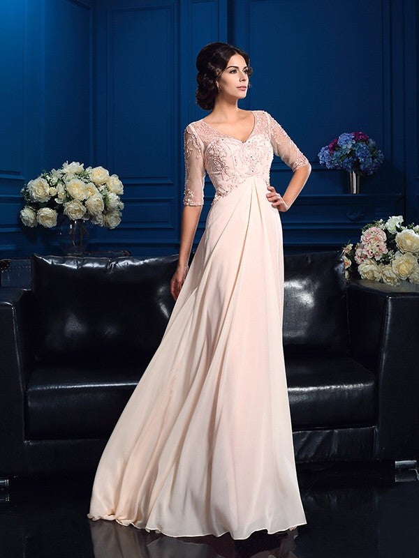 A-Line/Princess V-neck Beading 1/2 Sleeves Long Chiffon Mother of the Bride Dresses