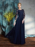 A-Line/Princess Scoop Applique 3/4 Sleeves Long Chiffon Mother of the Bride Dresses