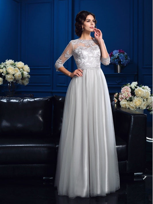 A-Line/Princess Scoop Applique 3/4 Sleeves Long Silk like Satin Mother of the Bride Dresses