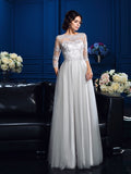 A-Line/Princess Scoop Applique 3/4 Sleeves Long Silk like Satin Mother of the Bride Dresses