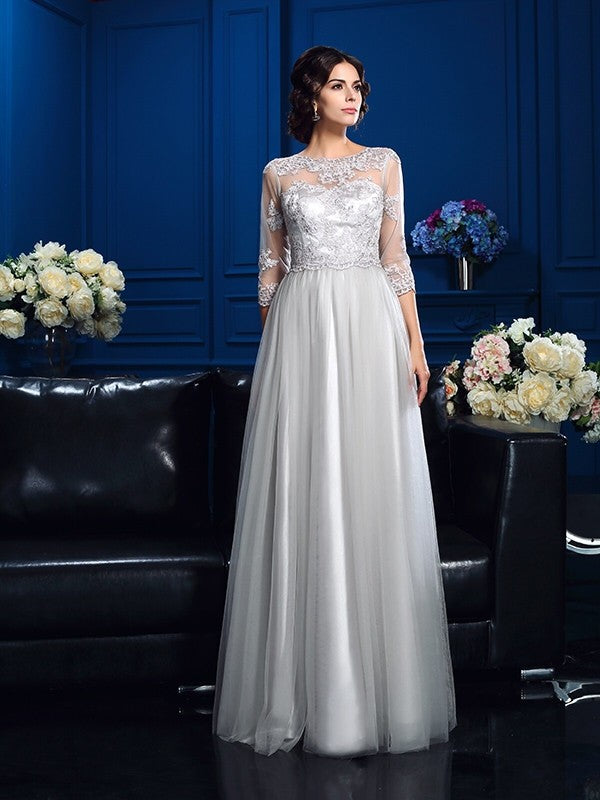 A-Line/Princess Scoop Applique 3/4 Sleeves Long Silk like Satin Mother of the Bride Dresses