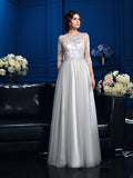 A-Line/Princess Scoop Applique 3/4 Sleeves Long Silk like Satin Mother of the Bride Dresses