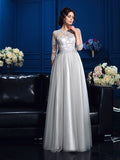 A-Line/Princess Scoop Applique 3/4 Sleeves Long Silk like Satin Mother of the Bride Dresses