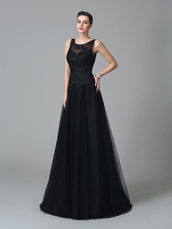 A-Line/Princess Straps Beading Sleeveless Long Net Mother of the Bride Dresses