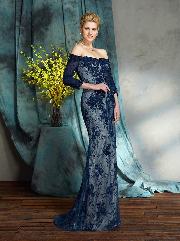 Trumpet/Mermaid Off-the-Shoulder Lace 3/4 Sleeves Long Lace Mother of the Bride Dresses