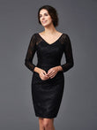 Sheath/Column V-neck Lace Long Sleeves Short Silk like Satin Mother of the Bride Dresses