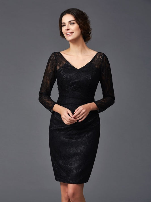Sheath/Column V-neck Lace Long Sleeves Short Silk like Satin Mother of the Bride Dresses