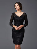 Sheath/Column V-neck Lace Long Sleeves Short Silk like Satin Mother of the Bride Dresses