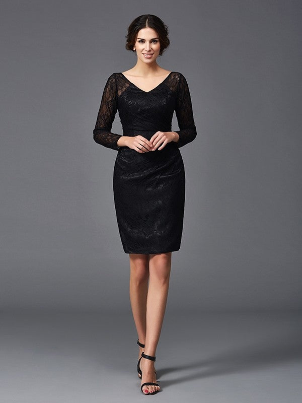 Sheath/Column V-neck Lace Long Sleeves Short Silk like Satin Mother of the Bride Dresses
