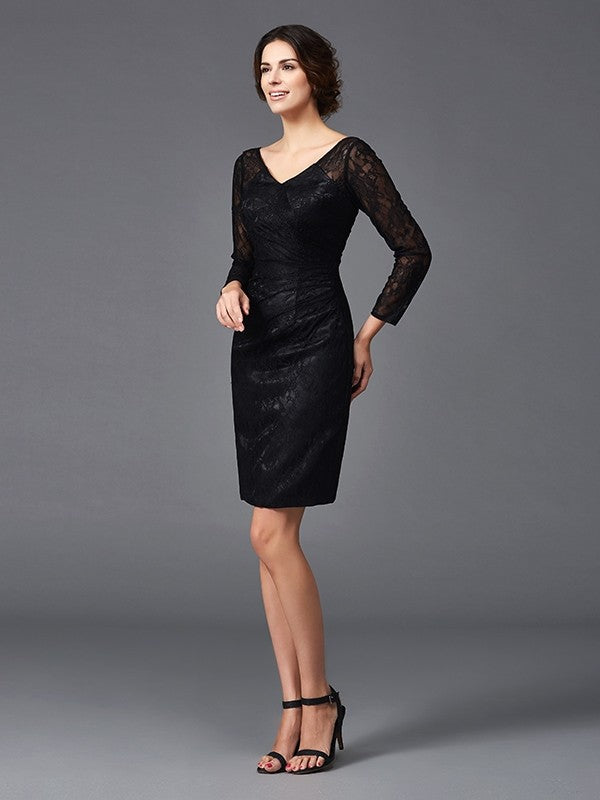 Sheath/Column V-neck Lace Long Sleeves Short Silk like Satin Mother of the Bride Dresses