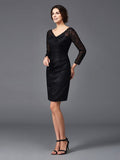 Sheath/Column V-neck Lace Long Sleeves Short Silk like Satin Mother of the Bride Dresses