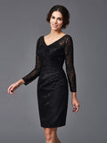 Sheath/Column V-neck Lace Long Sleeves Short Silk like Satin Mother of the Bride Dresses