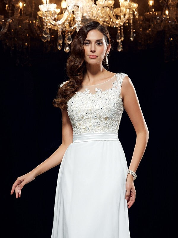 Vestido de noche de graduación de gasa largo sin mangas con apliques redondos y corte A/princesa