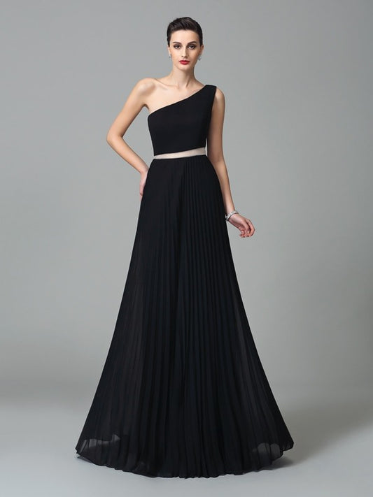 Vestido de noche de graduación de gasa largo, sin mangas, con pliegues y un solo hombro, corte A/princesa