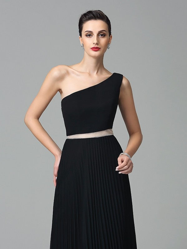 Vestido de noche de graduación de gasa largo, sin mangas, con pliegues y un solo hombro, corte A/princesa