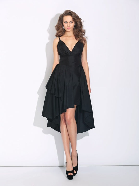 A-Line/Princess Spaghetti Straps Ruffles Sleeveless High Low Taffeta Dresses Prom Homecoming Dress