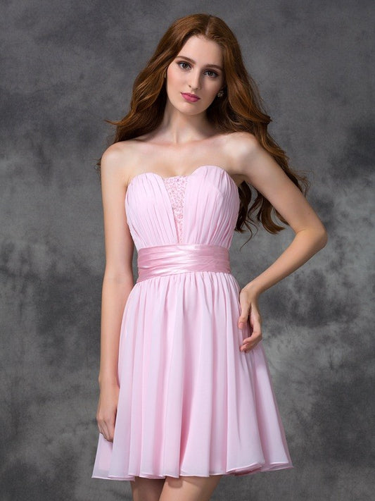 A-line/Princess Sweetheart Ruched Sleeveless Short Chiffon Dresses Prom Homecoming Dress