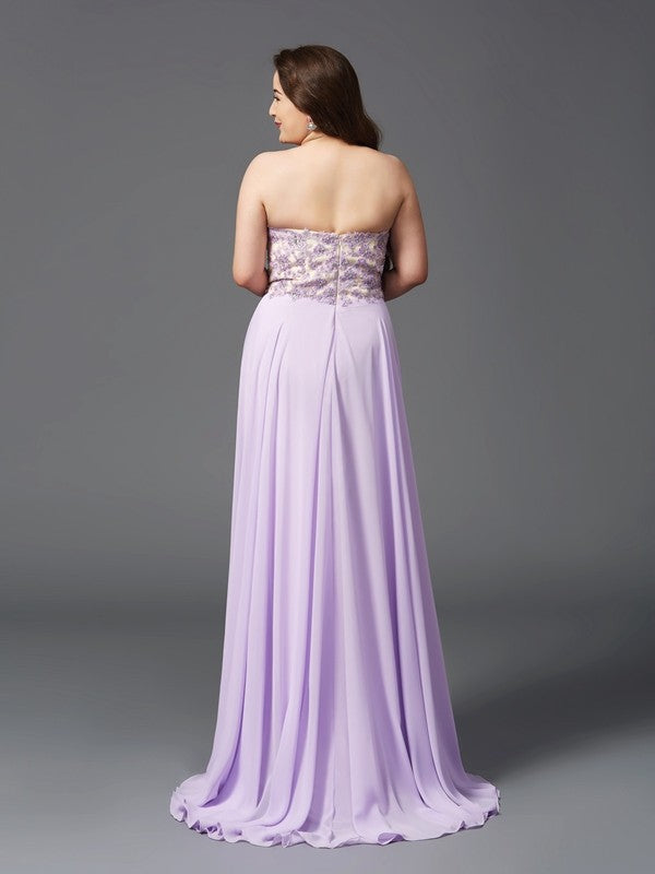 Vestido de noche de graduación con corte A/princesa, escote corazón, encaje, sin mangas, largo de gasa, talla grande