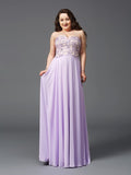 Vestido de noche de graduación con corte A/princesa, escote corazón, encaje, sin mangas, largo de gasa, talla grande